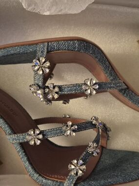 Amina Muaddi Denim Strappy Heels with Crystal Flower Embellishments - Blue